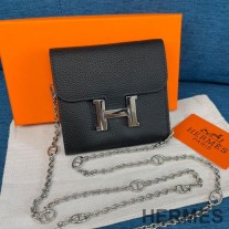 Hermes Constance Compact Wallet with Chain Togo Leather Palladium Hardware In Black