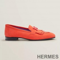 Hermes Royal Loafers Women Suede with Fringe and H Buckle In Orange
