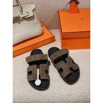 Hermes Unisex Chypre Sandals Suede Leather Coffee