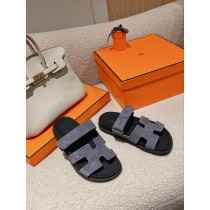 Hermes Unisex Chypre Sandals Suede Leather Gray