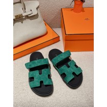 Hermes Unisex Chypre Sandals Suede Leather Green