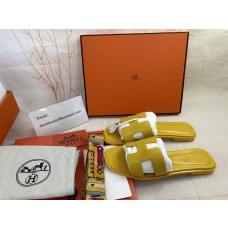 Hermes Oran Slides Women Sandals Calfskin Yellow